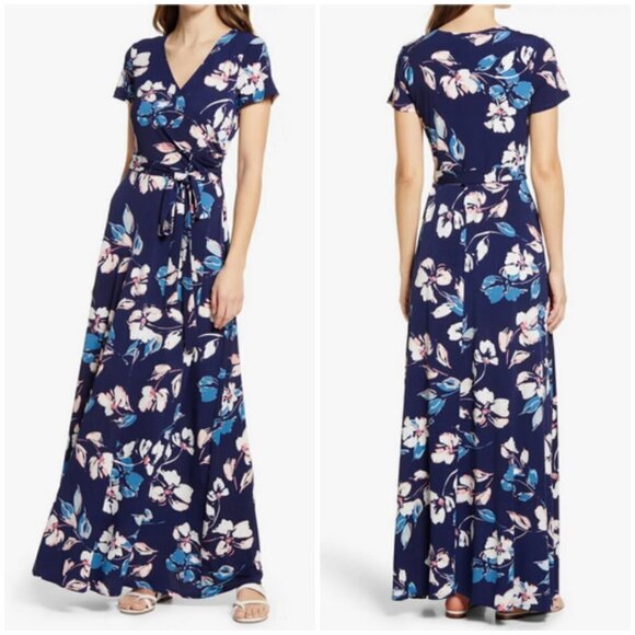 💕ELIZA J💕 Floral V-Neck Stretch Knit Maxi Dress ~ Blue Floral Print 6 NWOT - Picture 1 of 15